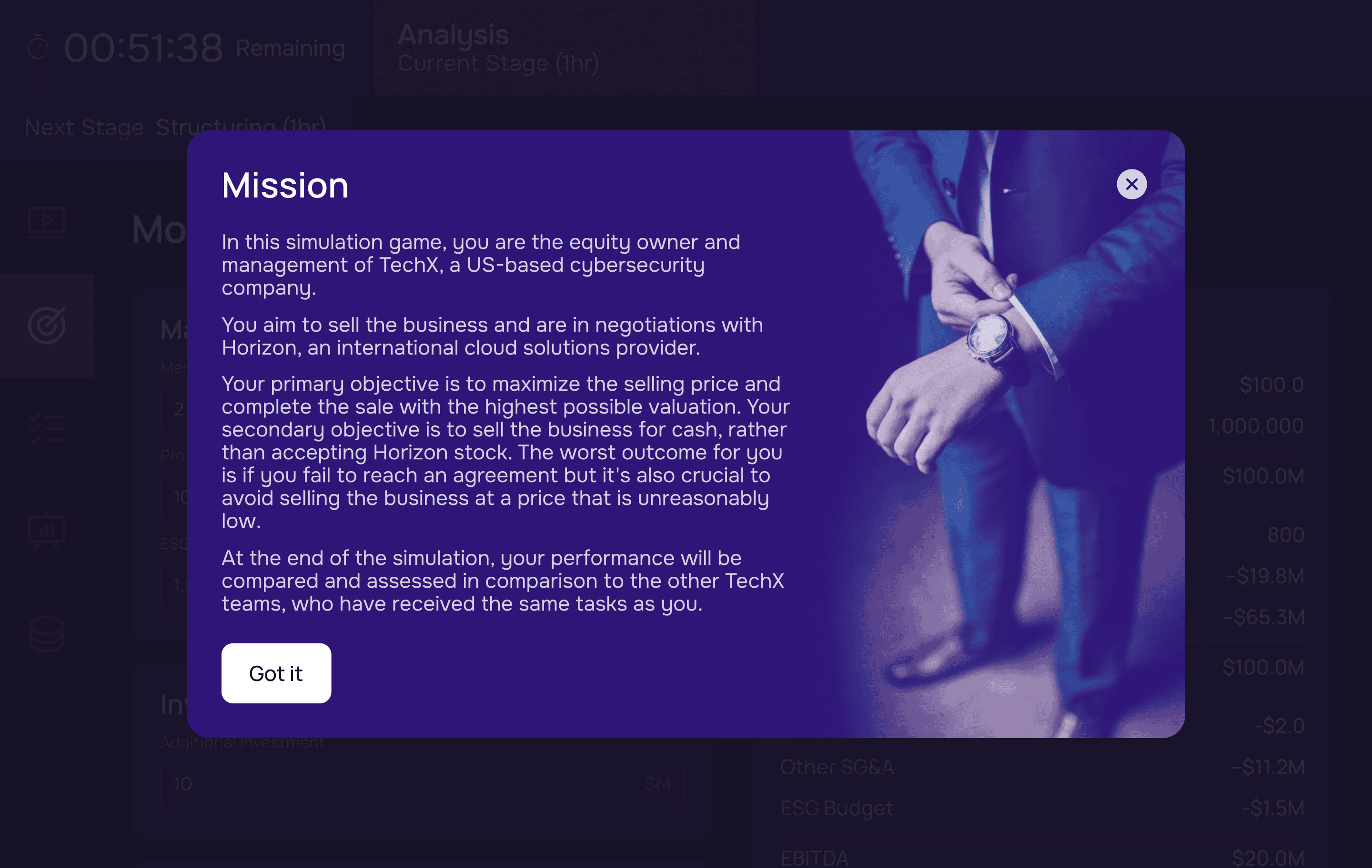 Acquisition Simulation Mission Briefing explains what happens in an M&A simulation