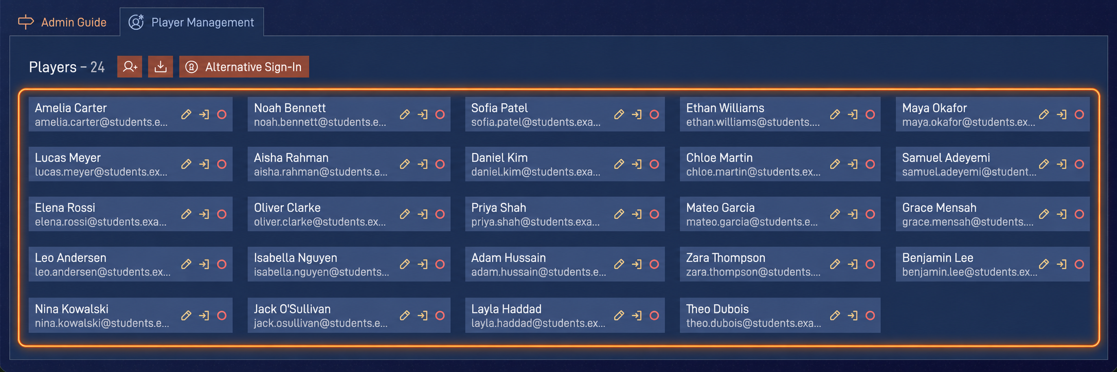 Capital Budgeting admin panel showing how to add and manage students