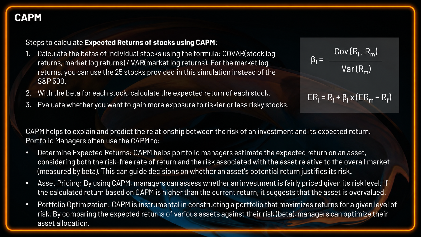 CAPM and portfolio-analysis guidance used in the Portfolio Management simulation