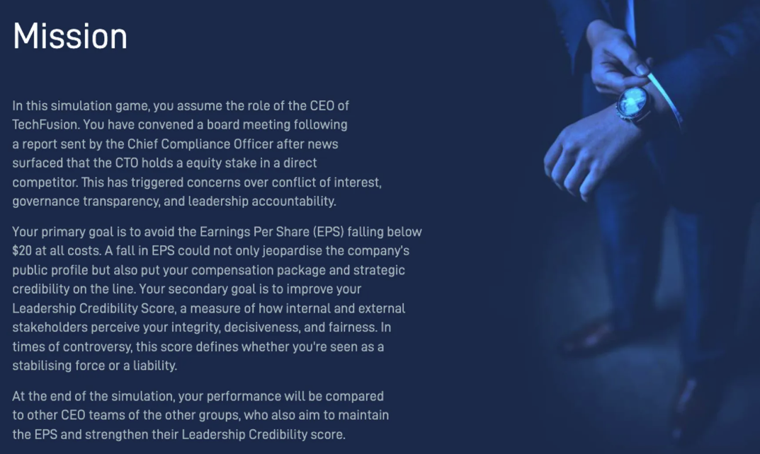 Corporate Governance simulation showing the role and governance mission