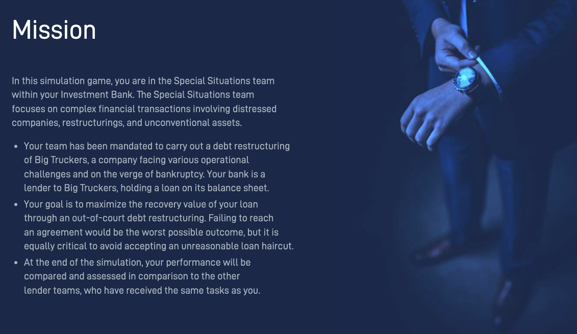 Debt Restructuring simulation showing a clear role and objective
