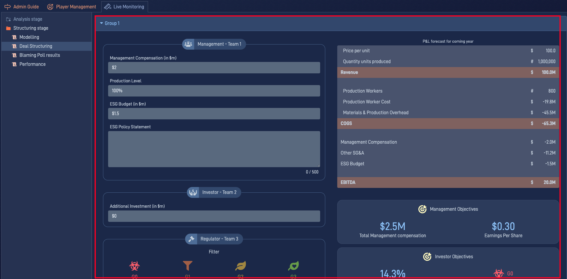 ESG admin panel showing how to monitor progress and prepare the debrief
