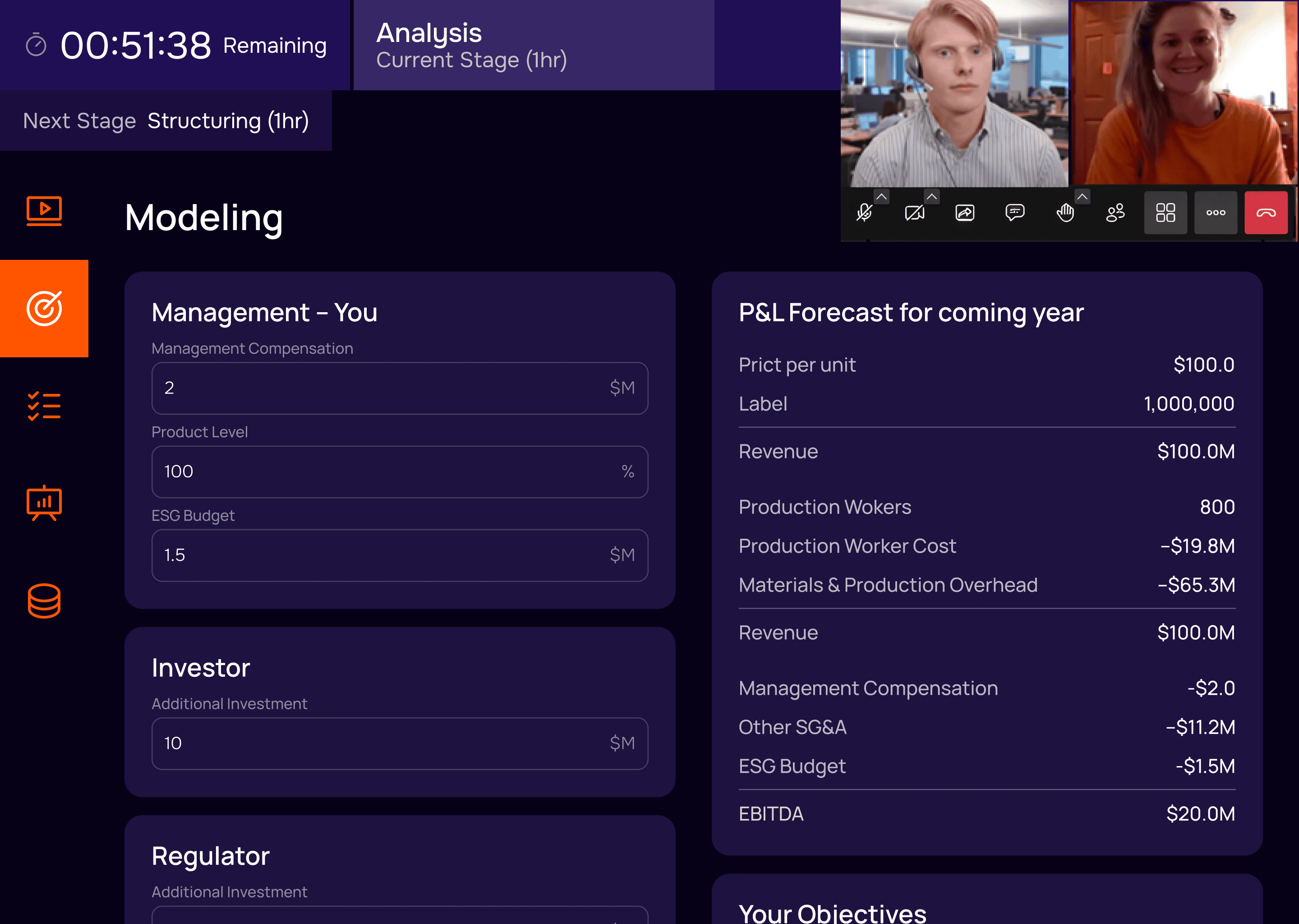 Simulation workspace where candidates make financial modelling decisions under time pressure