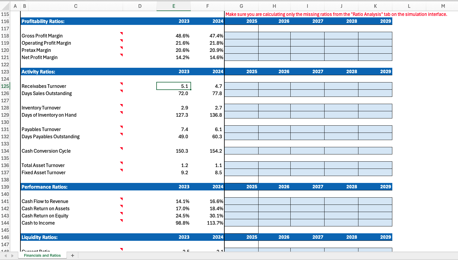 financials & Ratios workbook used in the Financial Statement Analysis simulation