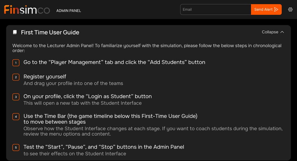 First Time User Guide in the Finsimco lecturer admin panel showing setup steps for a simulation