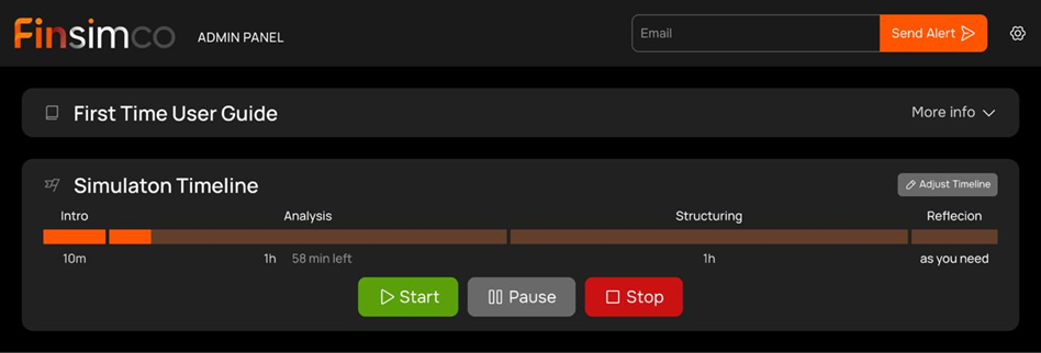 Simulation timeline with Start, Pause and Stop controls in the lecturer admin panel