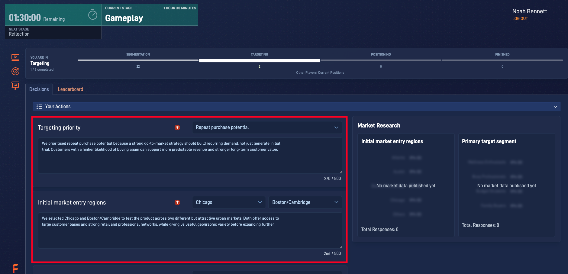 Go To Market simulation showing the strategic decisions
