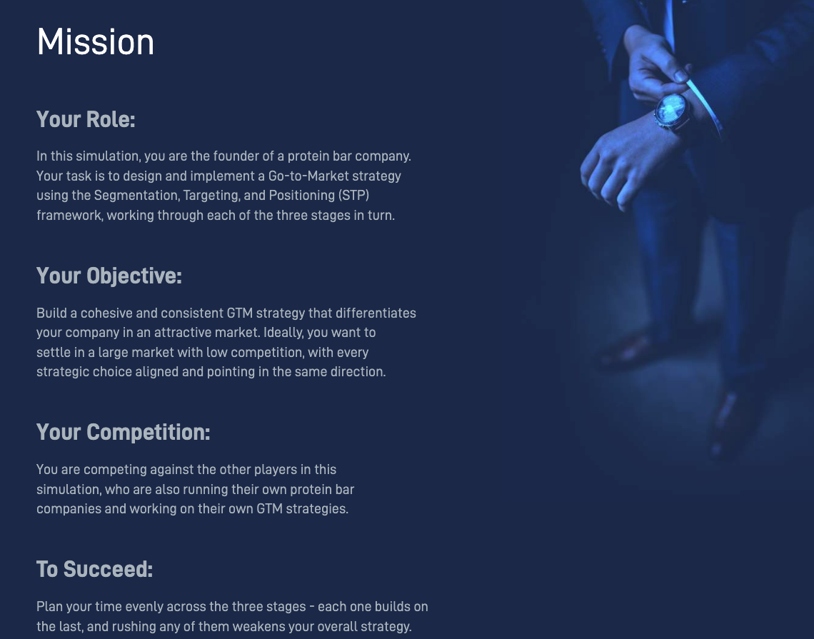 Go To Market simulation showing the market-entry mission