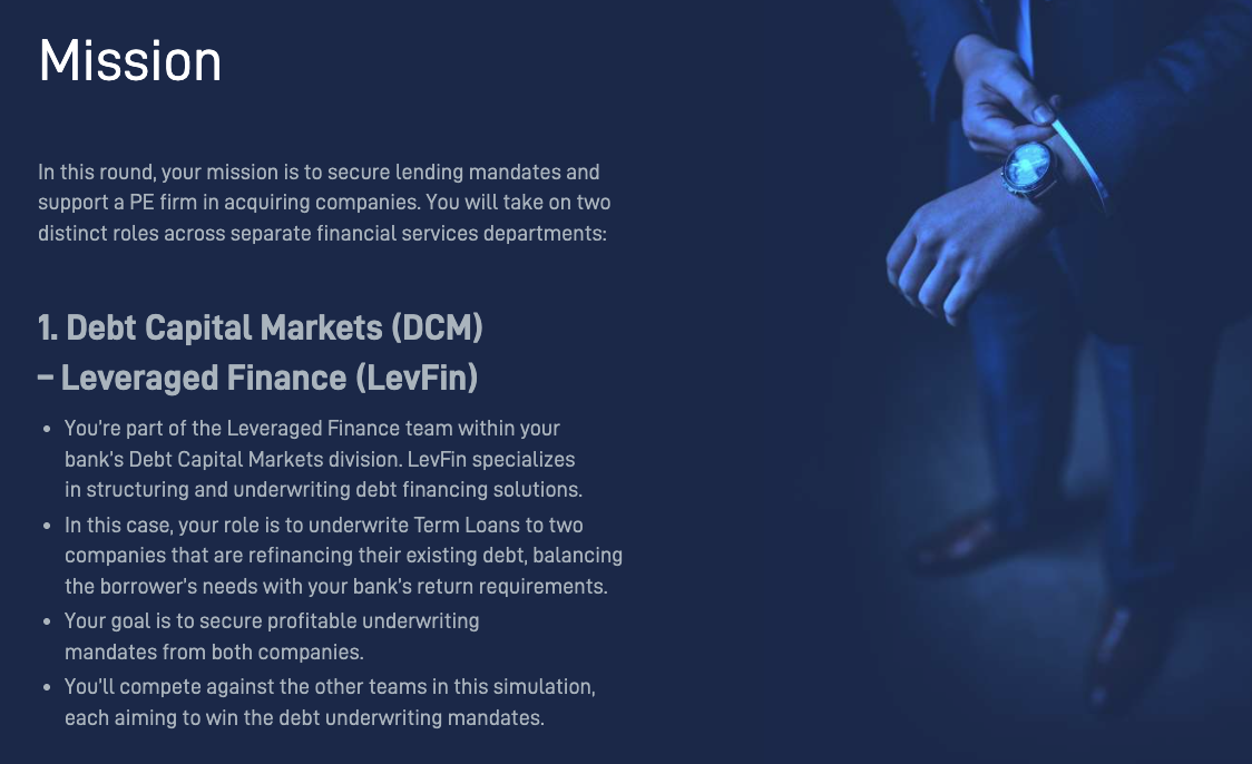 Investment Banking simulation showing the mission and required actions