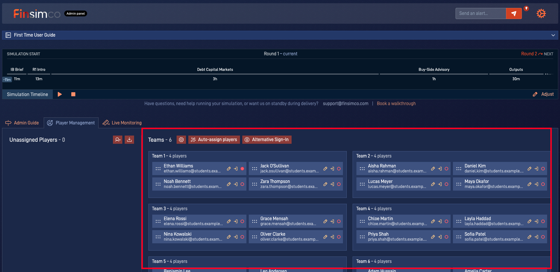 Investment Banking admin panel showing how to set up participants, teams and roles