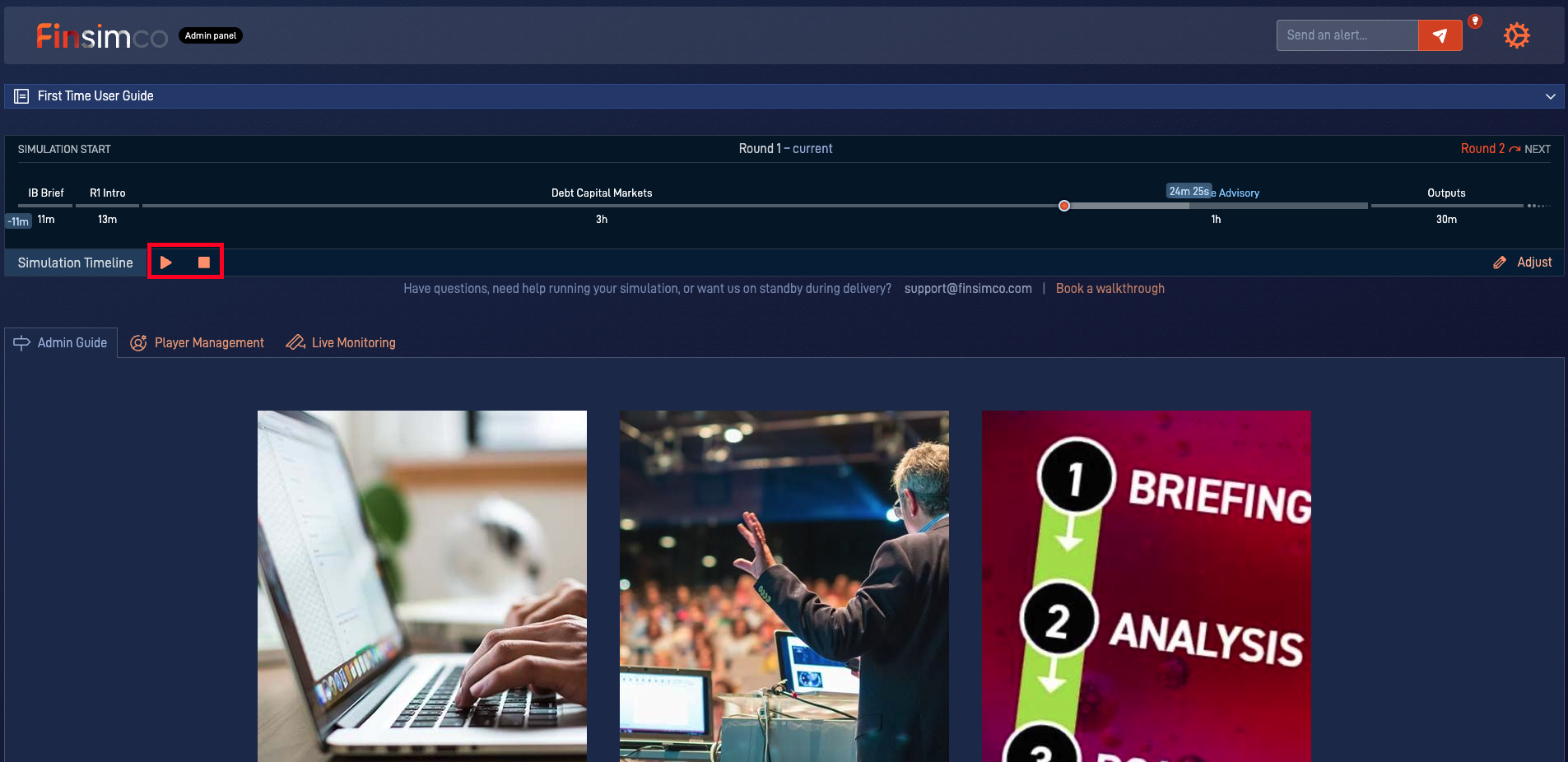 Investment Banking admin panel showing how to start, pause, stop and resume