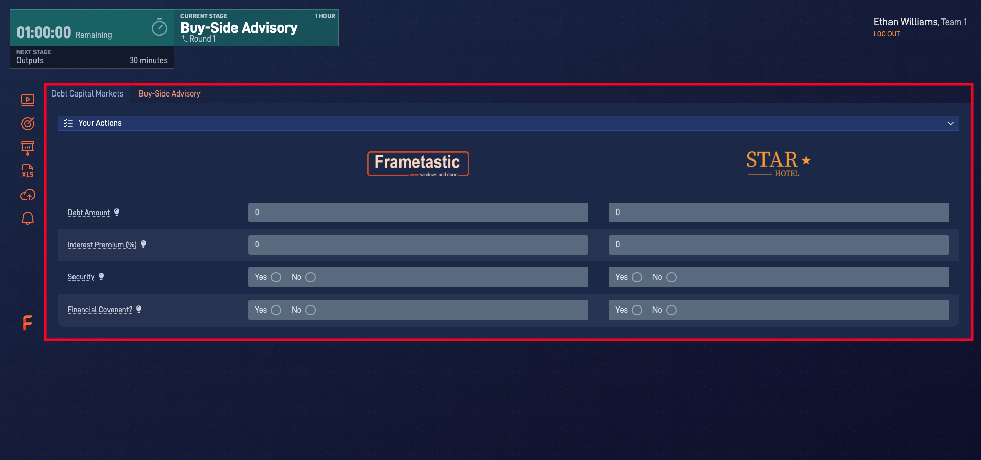 Investment Banking simulation showing transaction inputs and deliverables