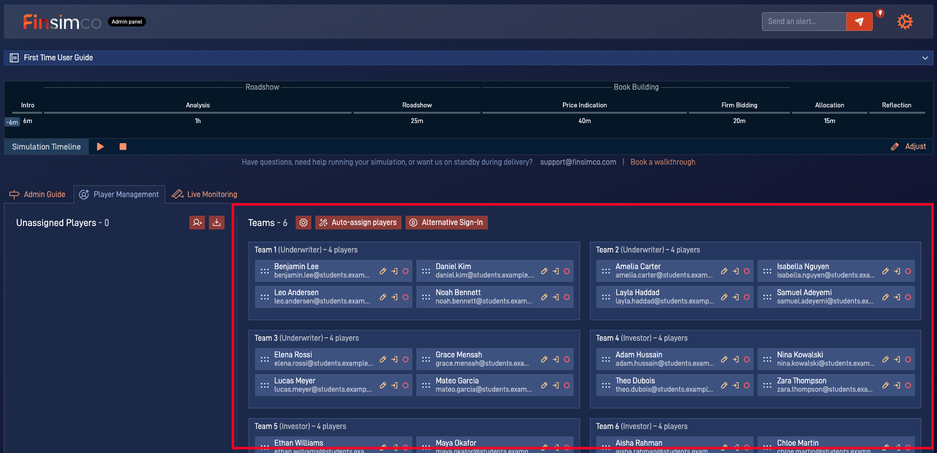 IPO simulation showing manage participants and teams