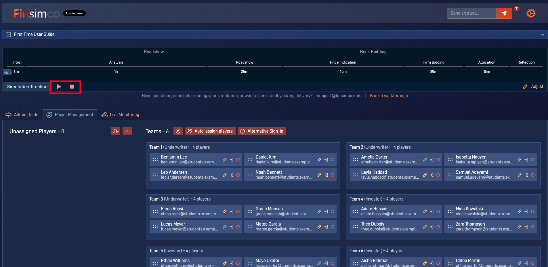 IPO admin panel showing how to start the simulation and manage controls