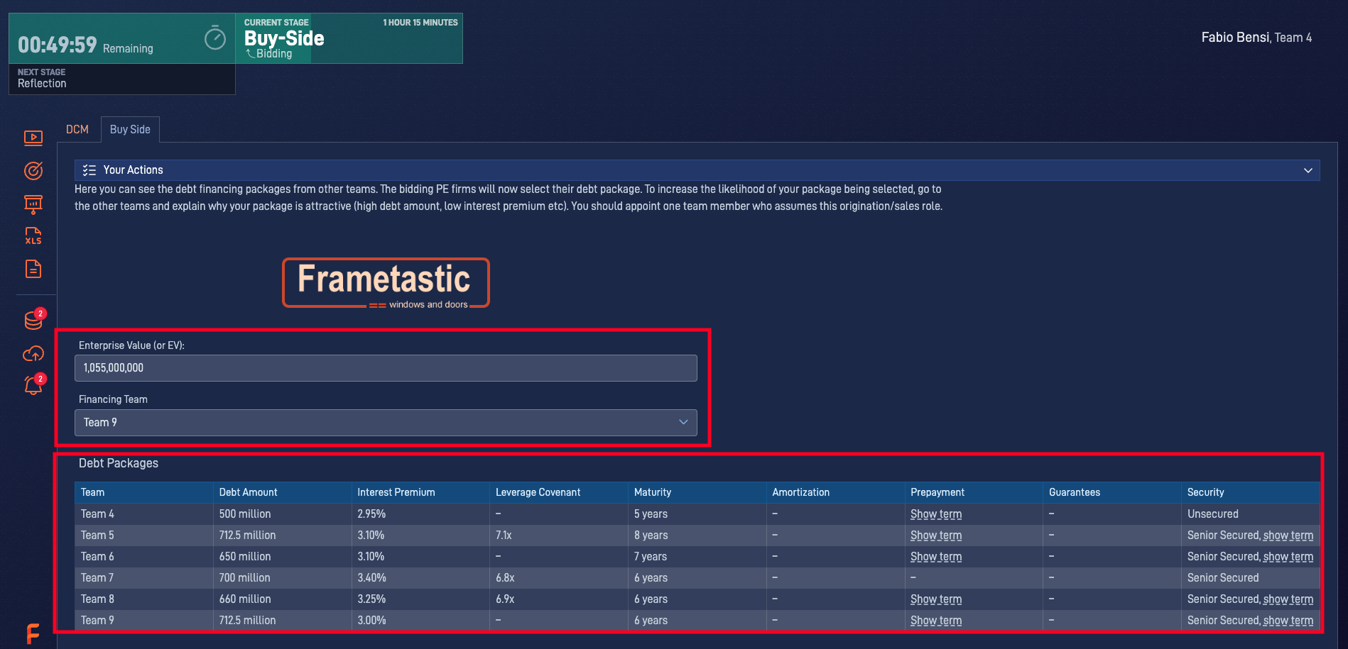 LBO simulation showing the transaction submission decisions
