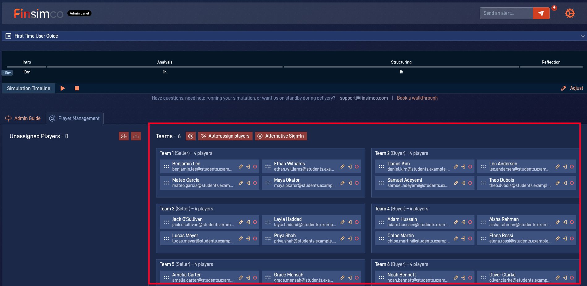 M&A simulation showing how to manage participants and teams