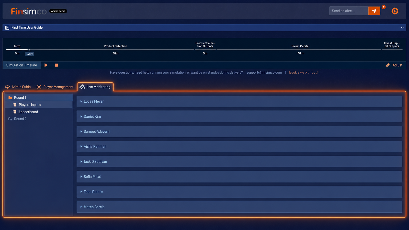 Managerial Accounting admin panel showing how to review outputs and prepare the debrief