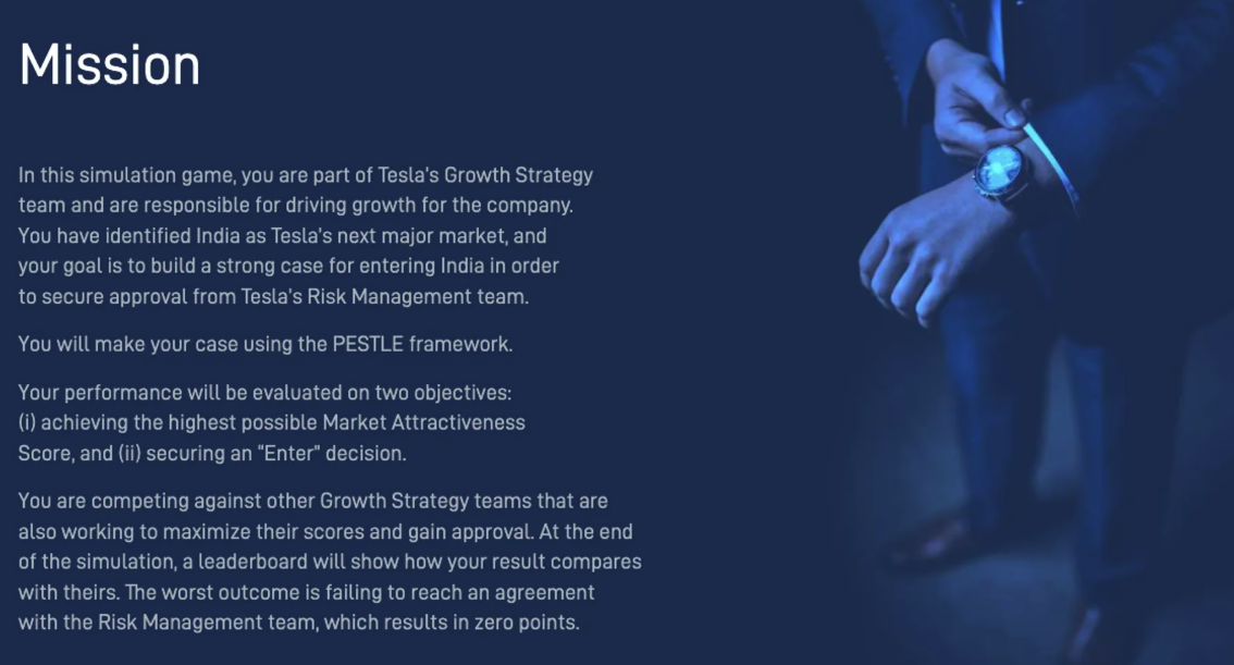PESTLE Analysis simulation showing the mission