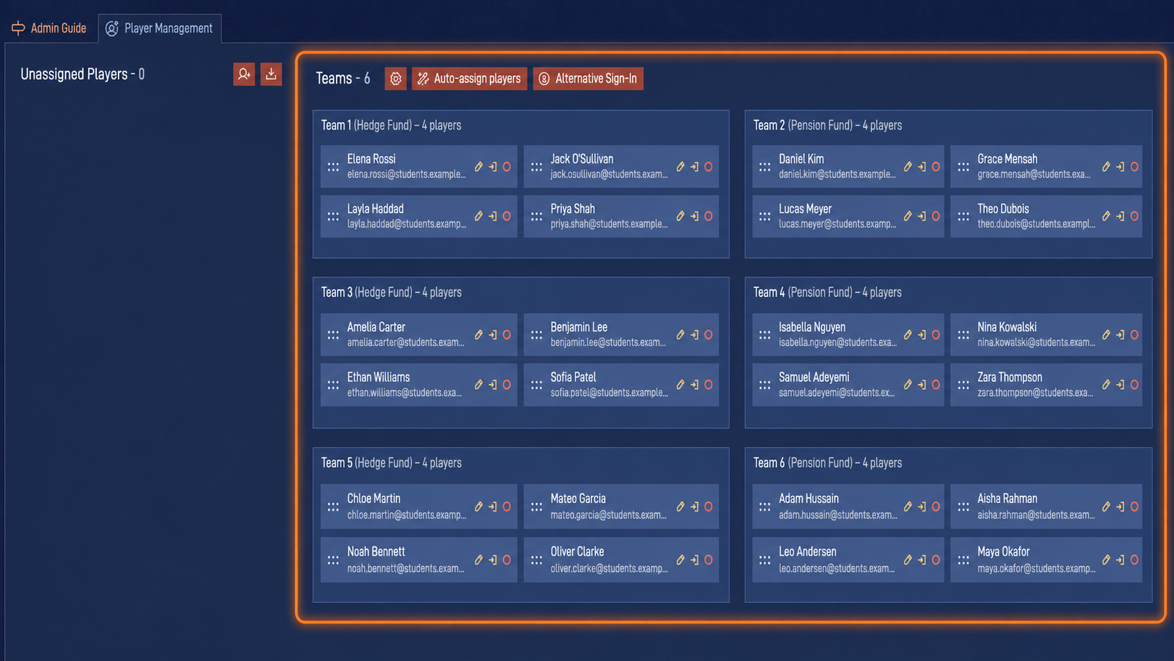 Portfolio Management admin panel showing how to assign teams and roles