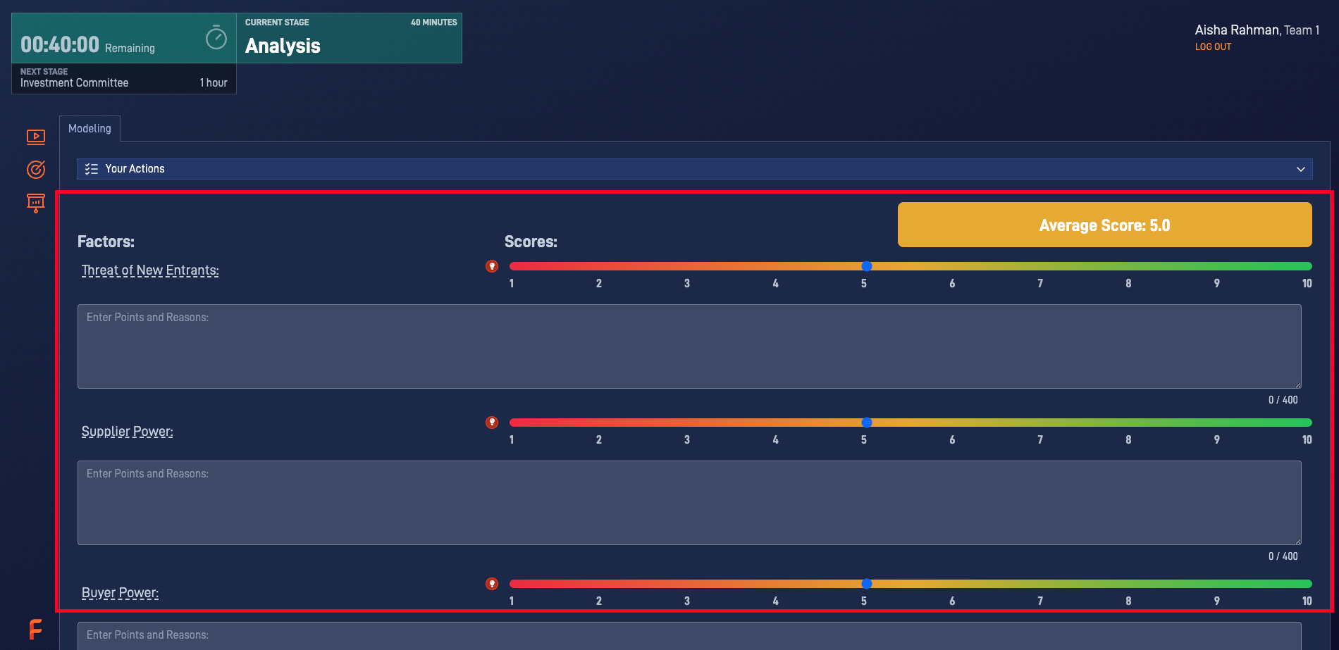 Porter's Five Forces simulation showing how to score each factor