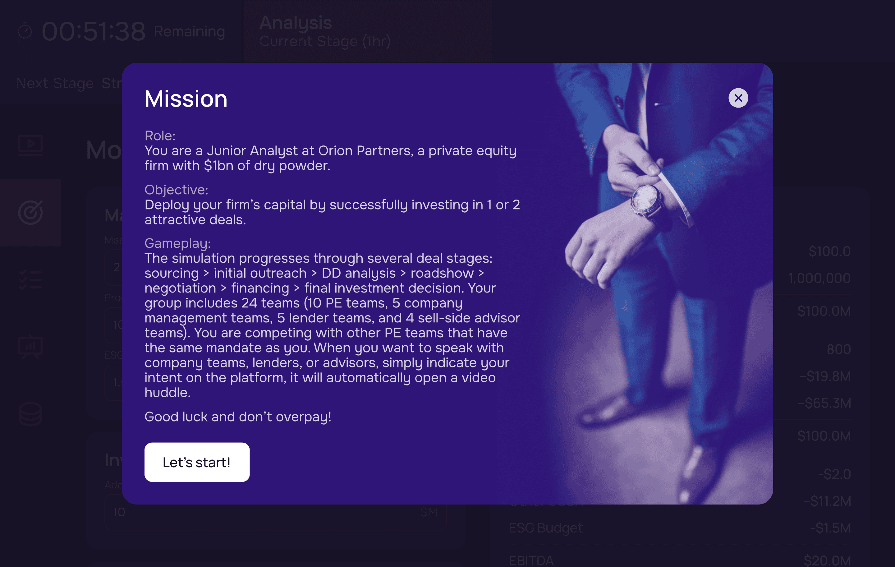 Private Equity Simulation Mission Screen for What happens in a simulation