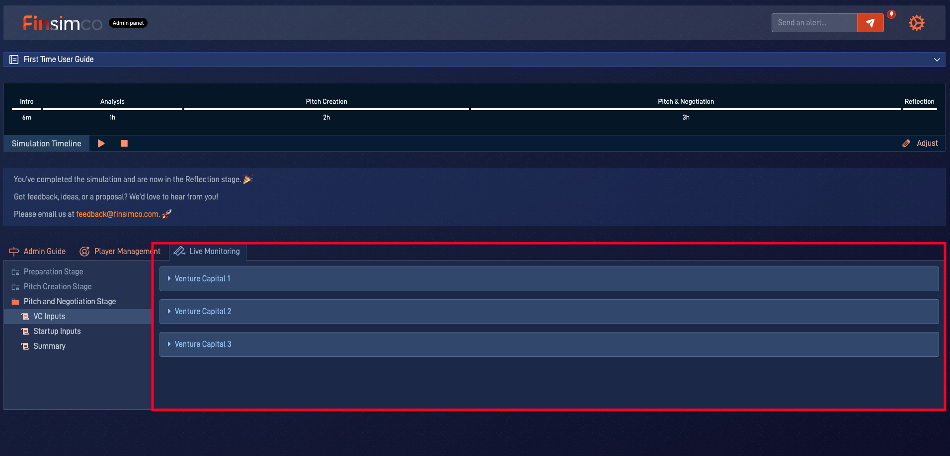 Startup Creation admin panel showing how to monitor progress, coach selectively and prepare the debrief