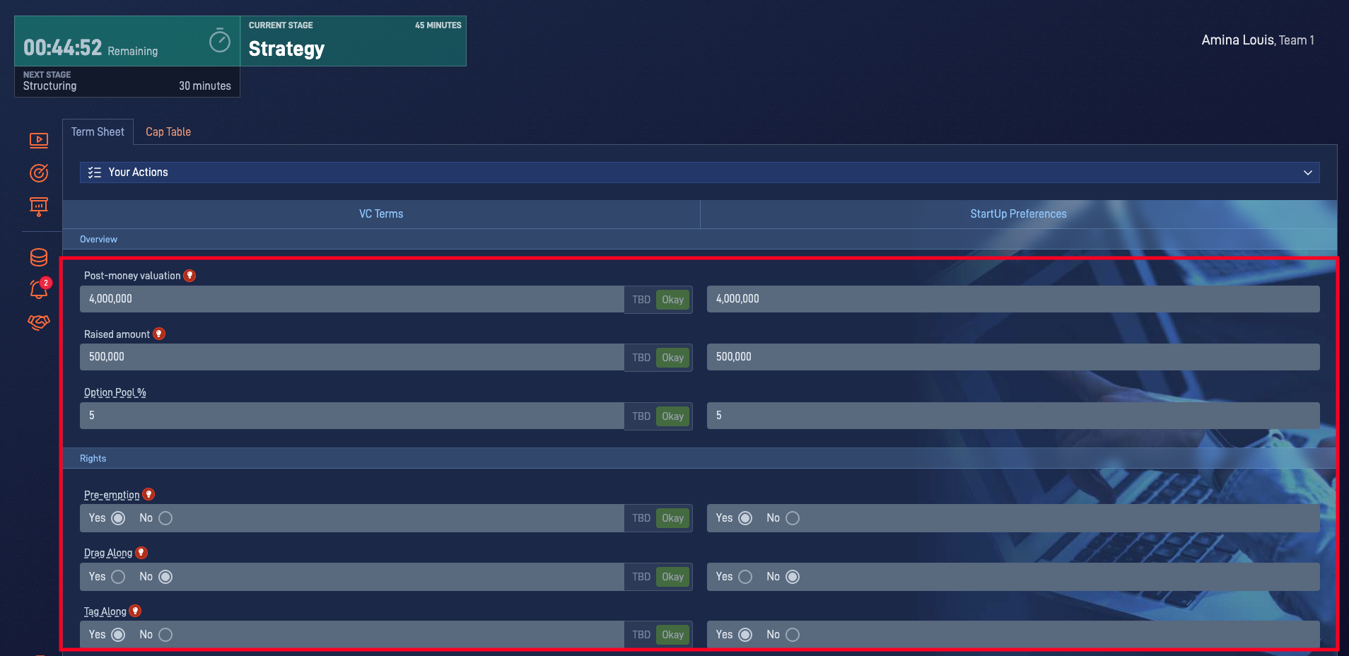 Startup Funding simulation showing the negotiation section