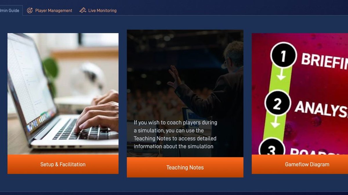 PESTLE Analysis simulation admin panel showing professor resources such as setup, teaching note and gameflow chart