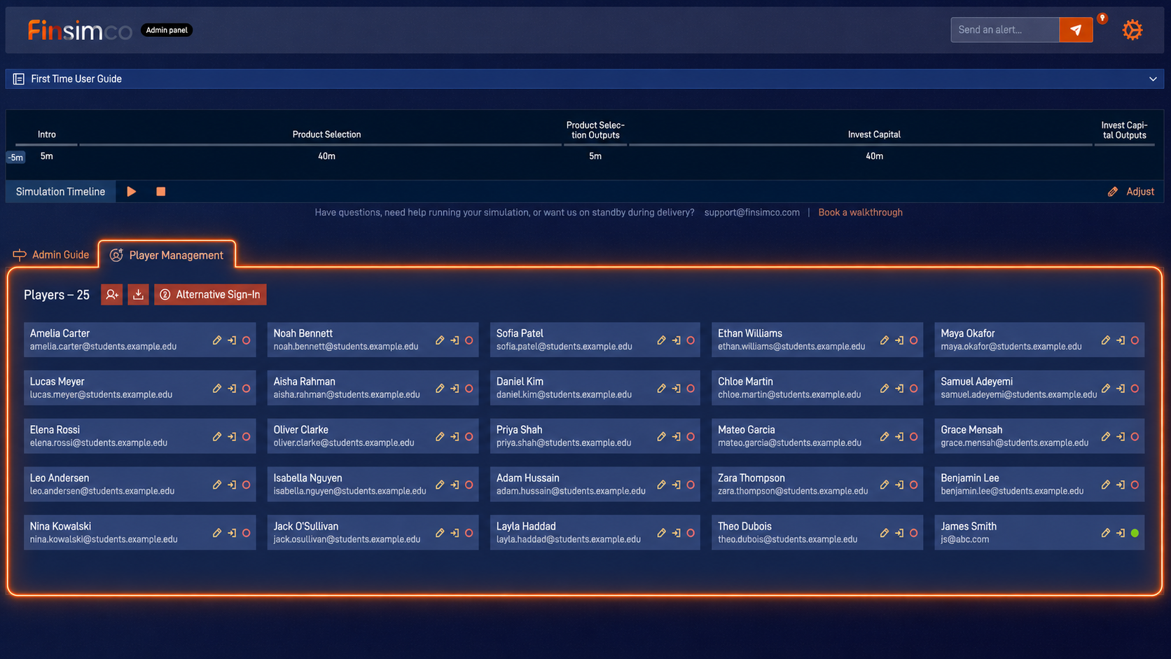 Managerial Accounting admin panel showing how to add participants and check access