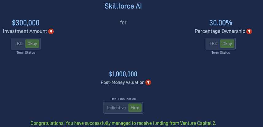 Startup Creation simulation showing the final deals
