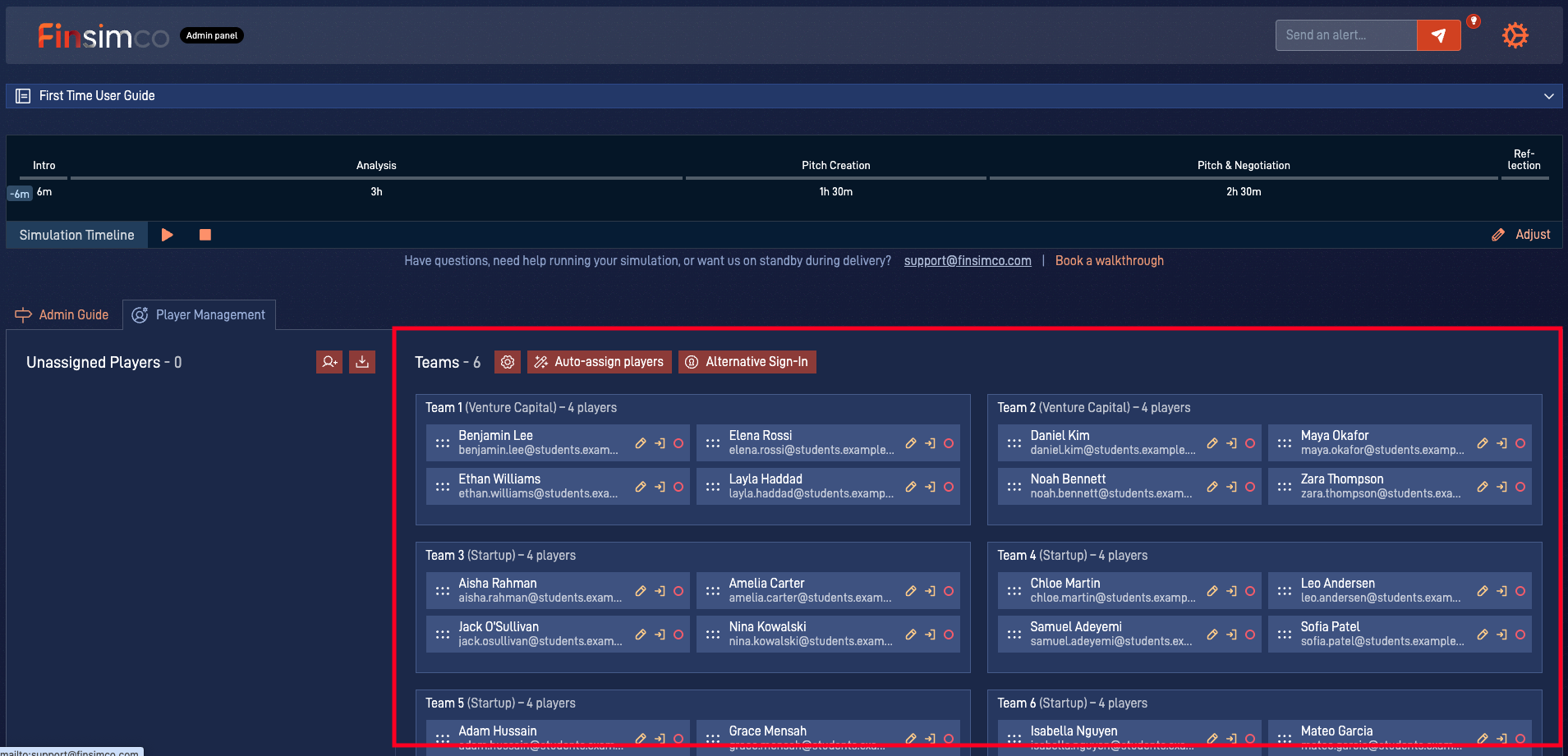 Startup Creation admin panel showing how to set up students, teams and roles