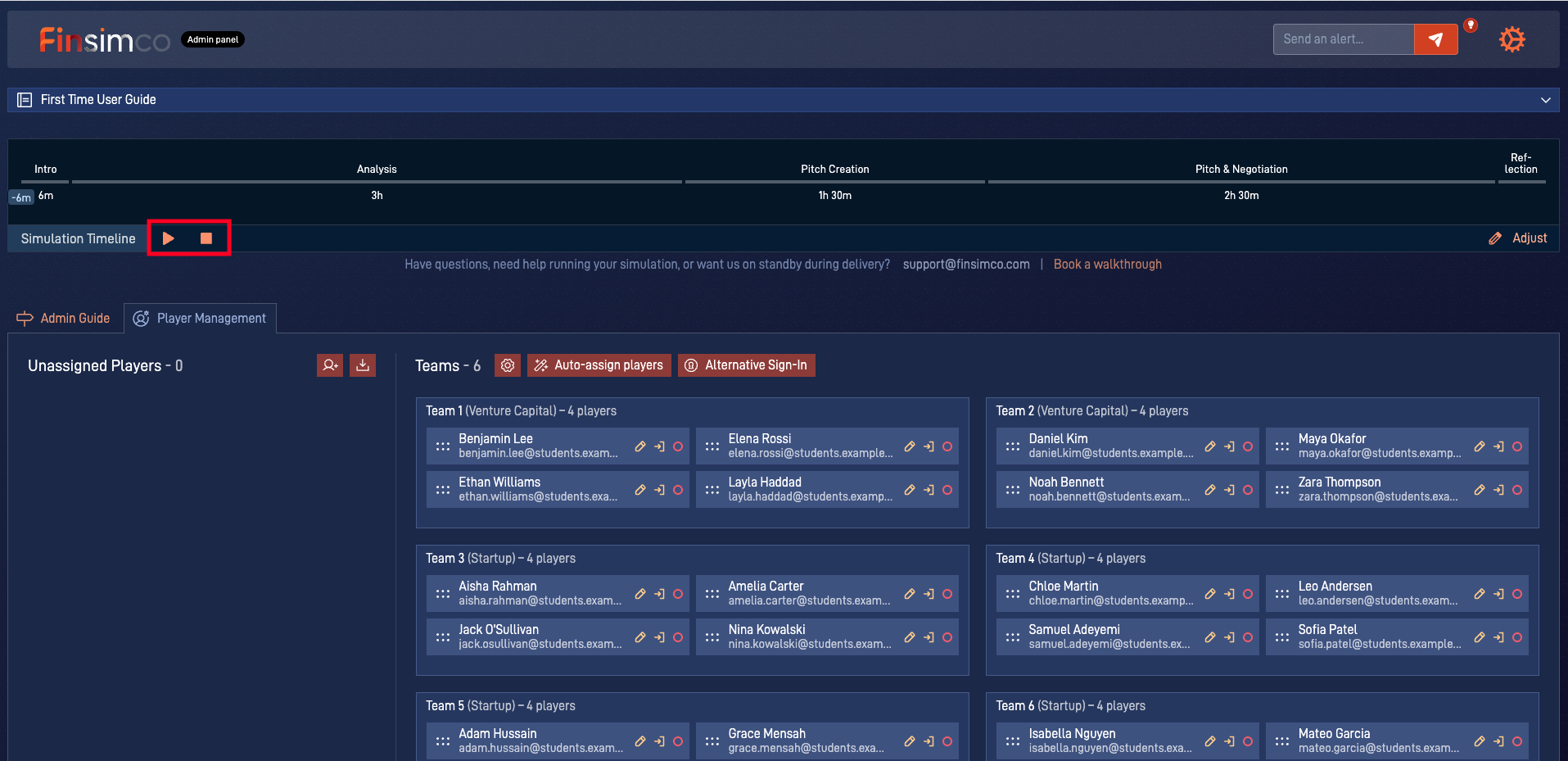 Startup Creation admin panel showing how to start the simulation and manage controls