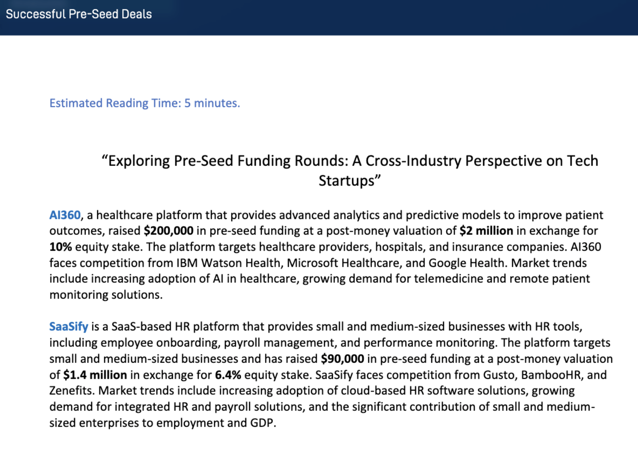 startups: Reference-deal evidence used in the Startup Creation simulation