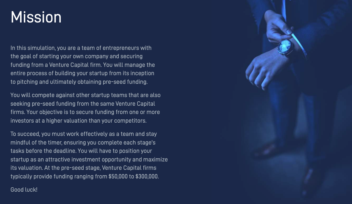 Startup Creation simulation showing your role and mission