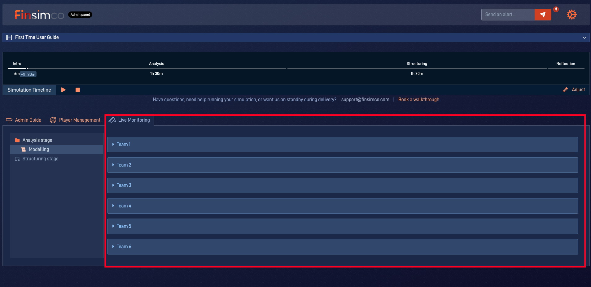 SWOT Analysis simulation showing the live monitoring section