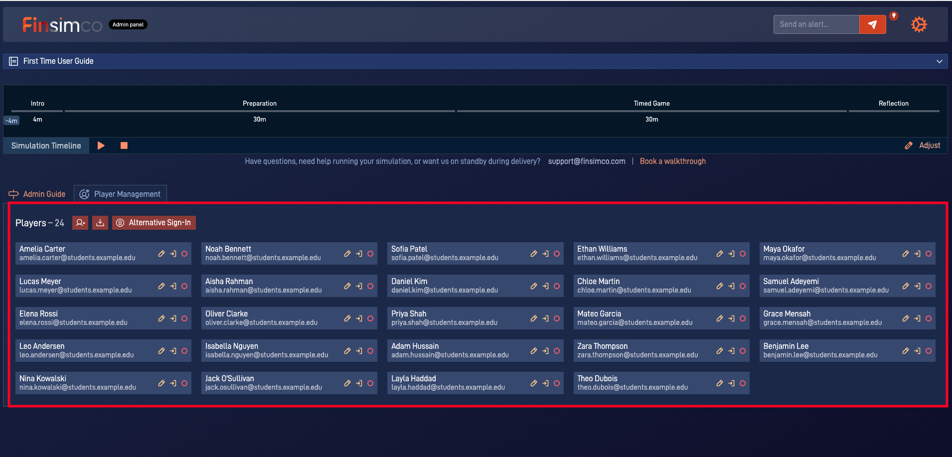 Time Value of Money admin panel showing how to add and manage students