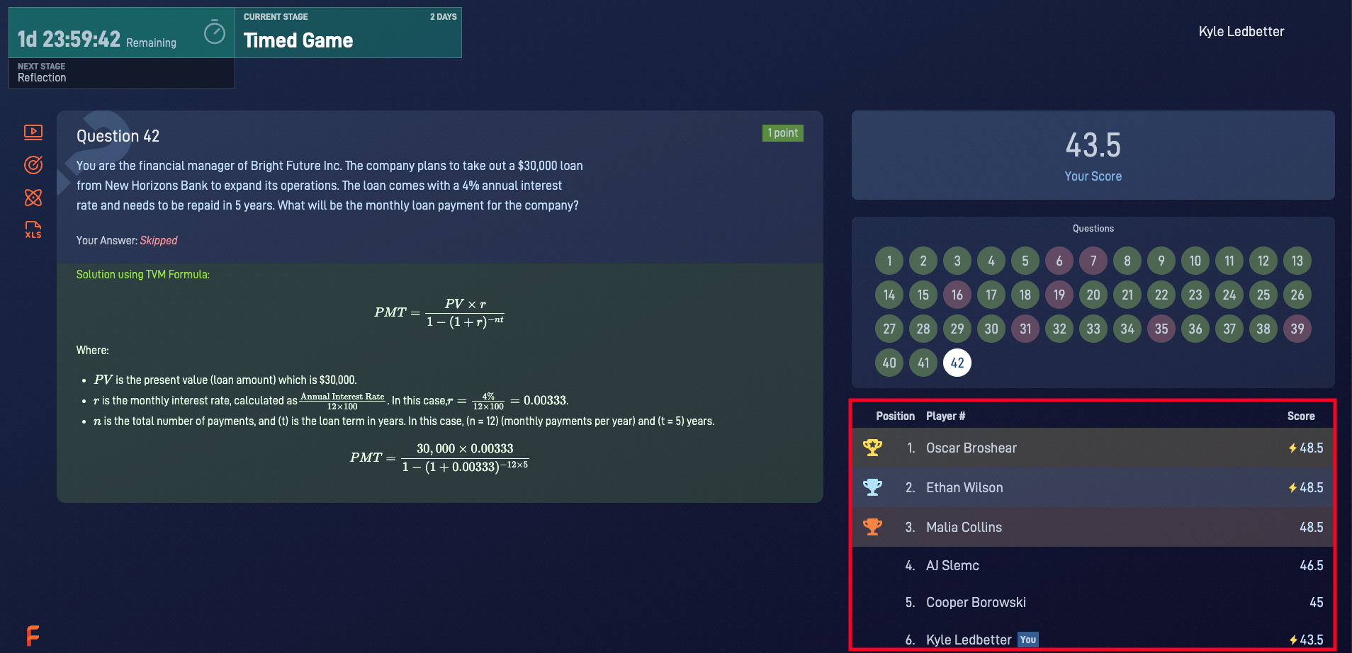 Time Value of Money simulation showing student scores in real time