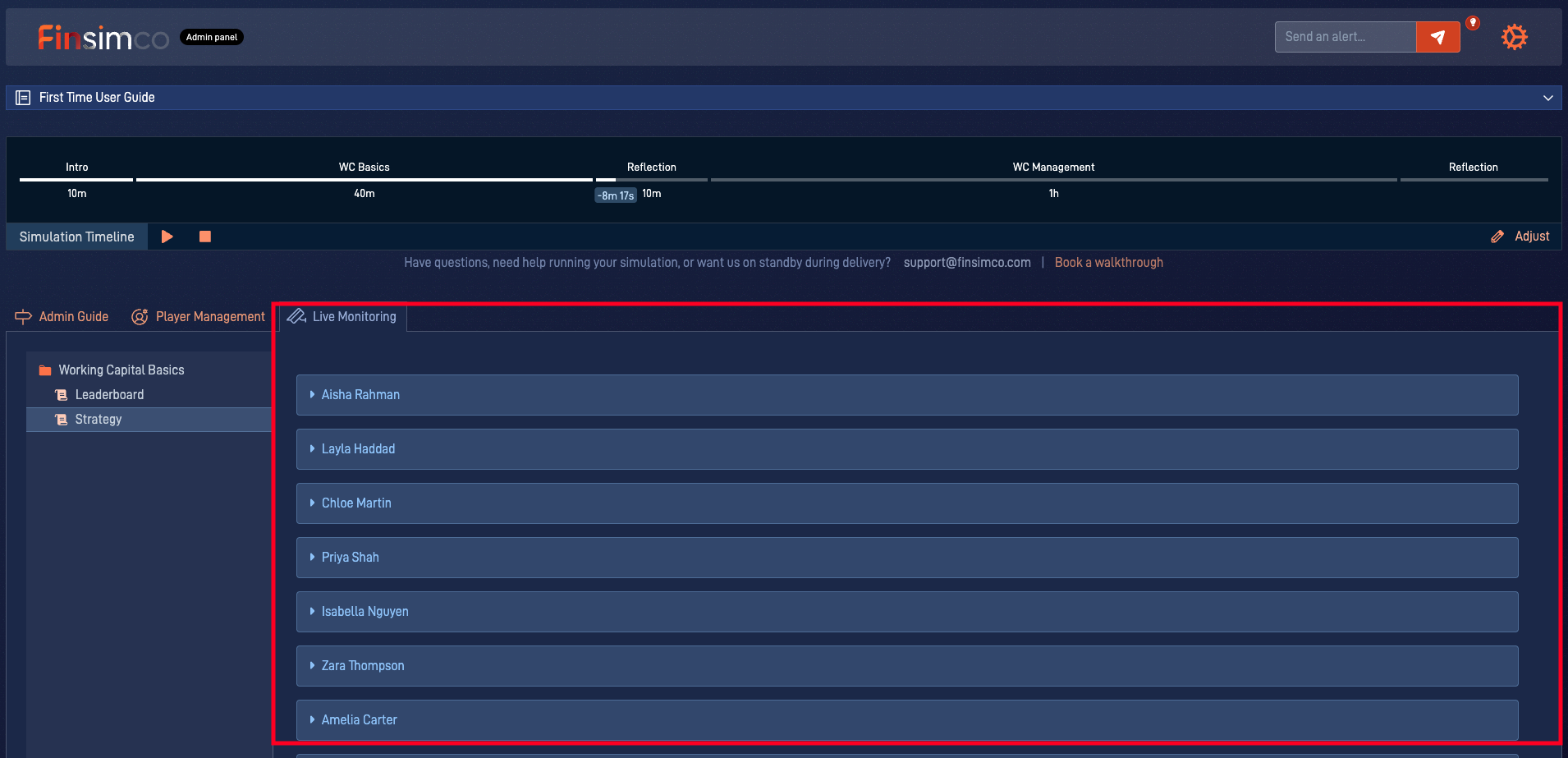 Working Capital Management admin panel showing how to monitor and prepare the debrief