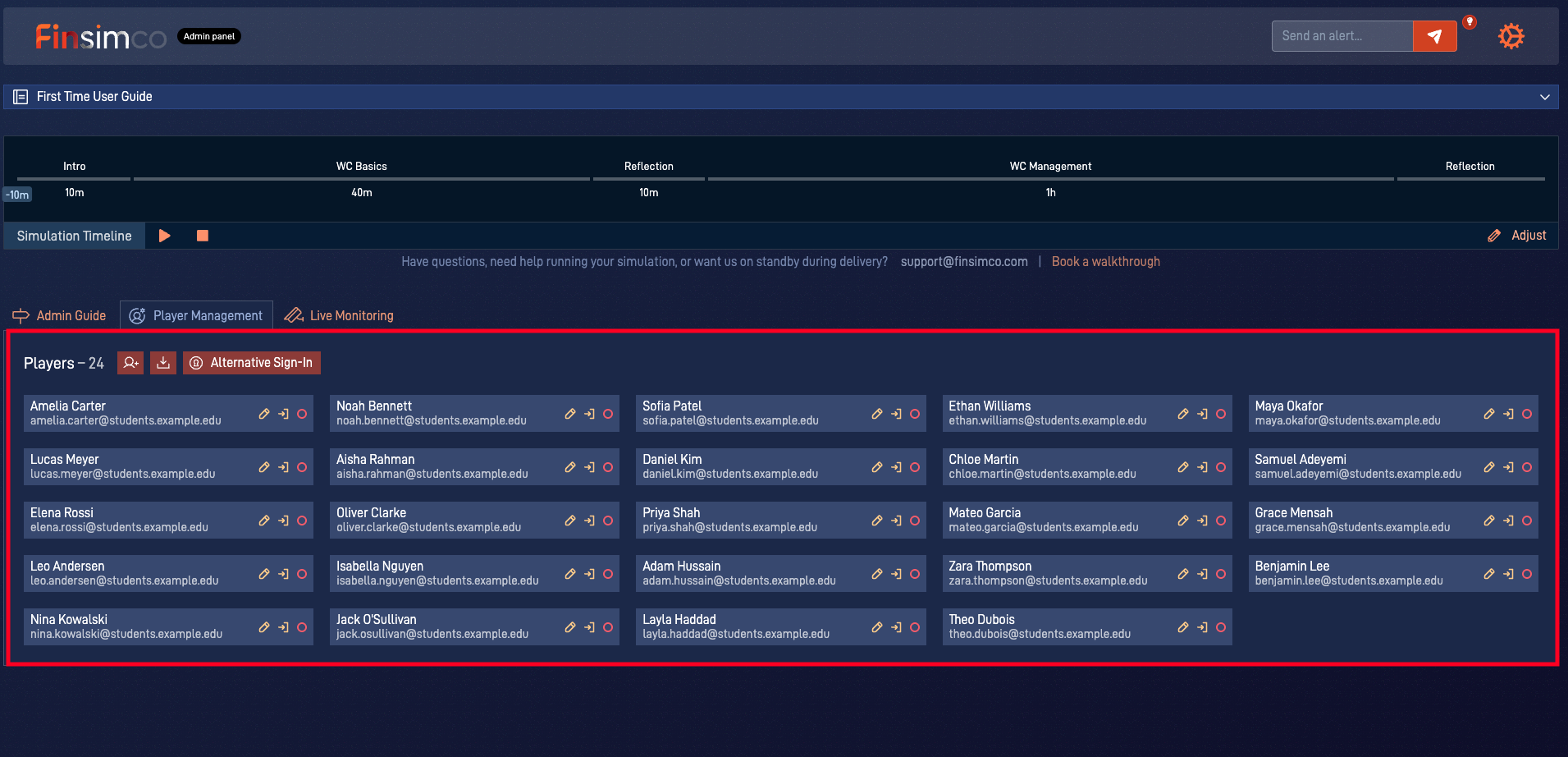 Working Capital Management admin panel showing how to add individual participants