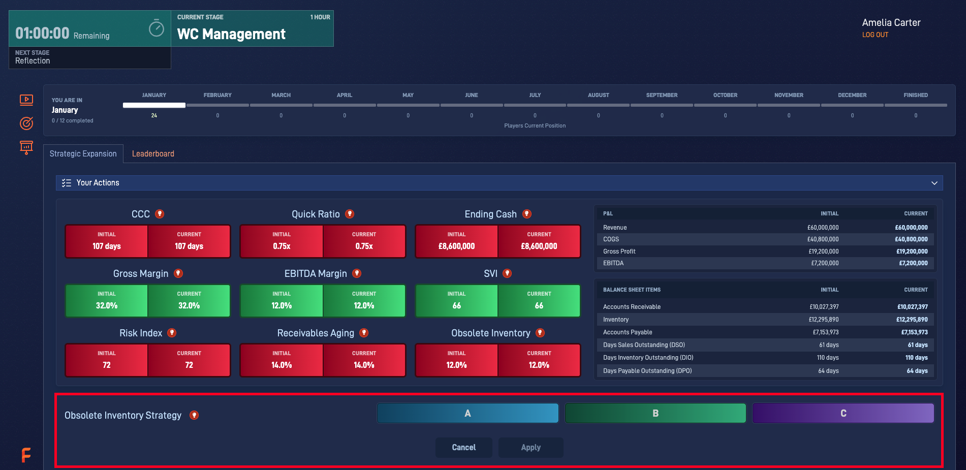 Working Capital Management simulation showing the working capital inputs